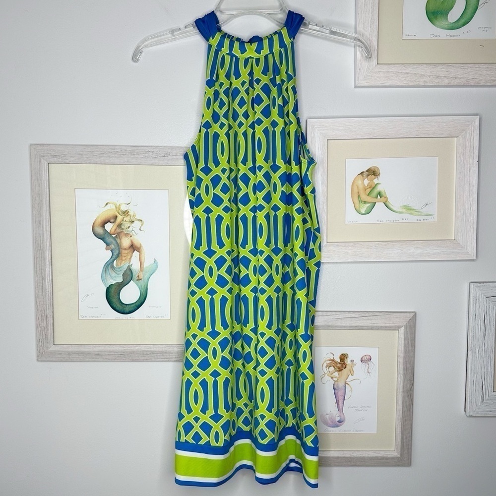 Mud Pie Green & Blue Geometric Natalie Bow Tie Mini Dress Women’s Size Small - Picture 2 of 10